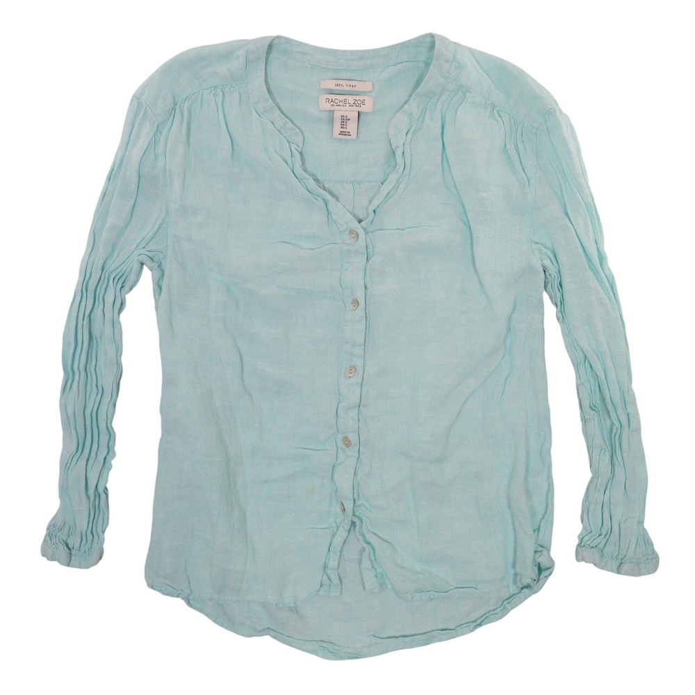 Rachel Zoe Button Down Shirt Lightweight Breathable Pintuck Aqua Linen Women S